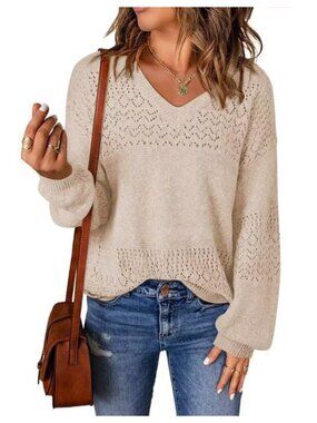 Women's V-Neck Pullover Sweater 100% Polyester Hollow Knit Casual Long Sleeve